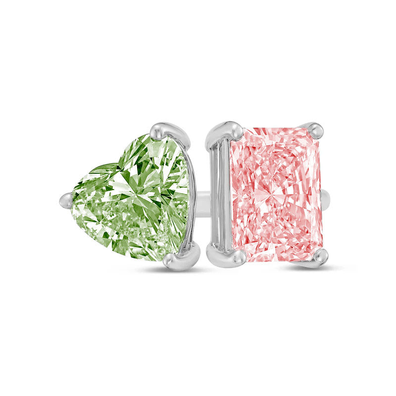 Lab-Grown Toi et Moi Ring with Green Heart and Pink Radiant Diamonds in 14K White Gold