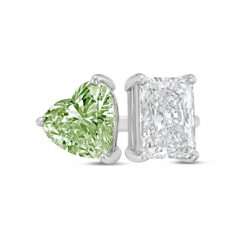 Lab-Grown Toi et Moi Ring with Green Heart and White Radiant Diamonds in 14K White Gold