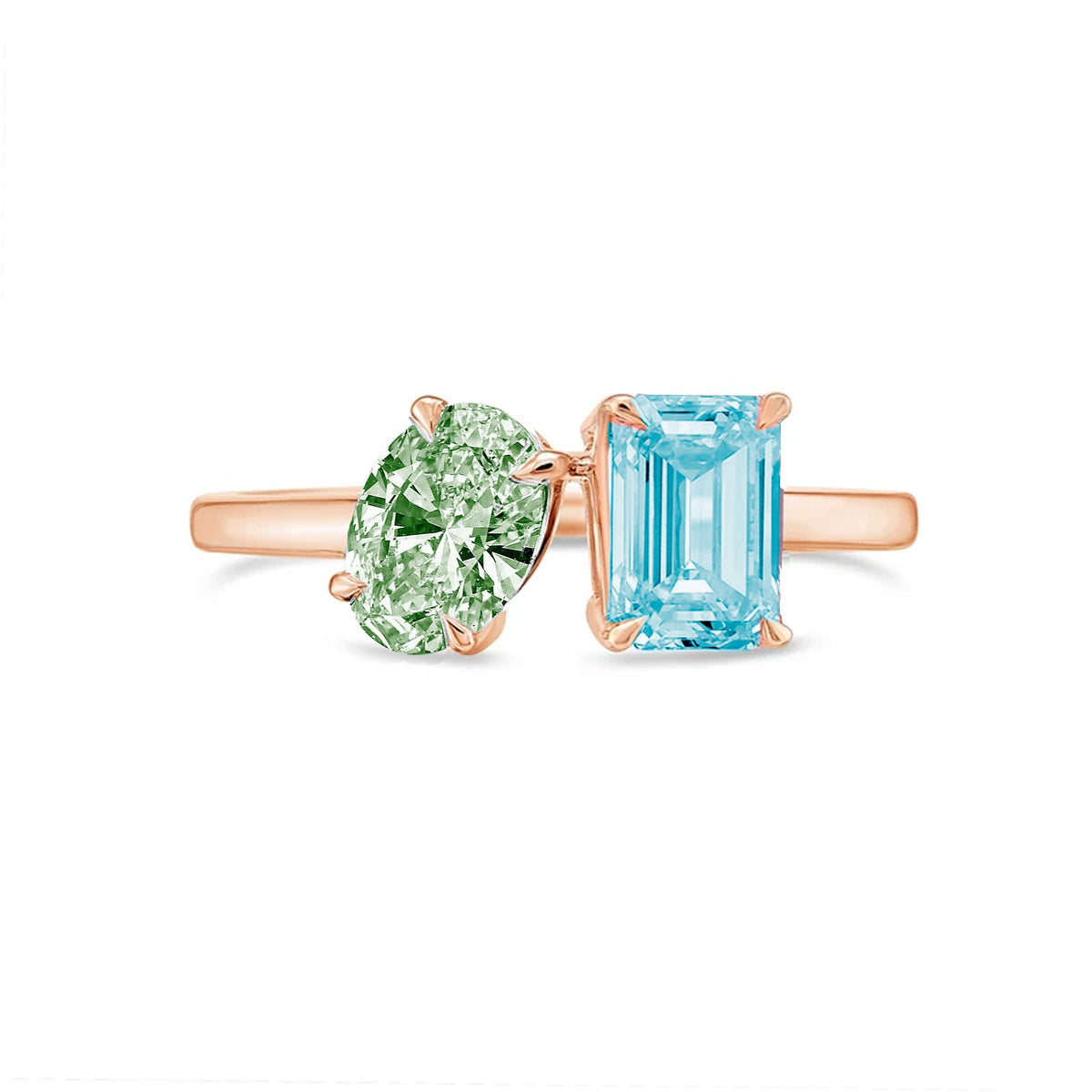 Lab-Grown Toi et Moi Ring with Green Oval and Blue Emerald Diamonds in 14K Rose Gold