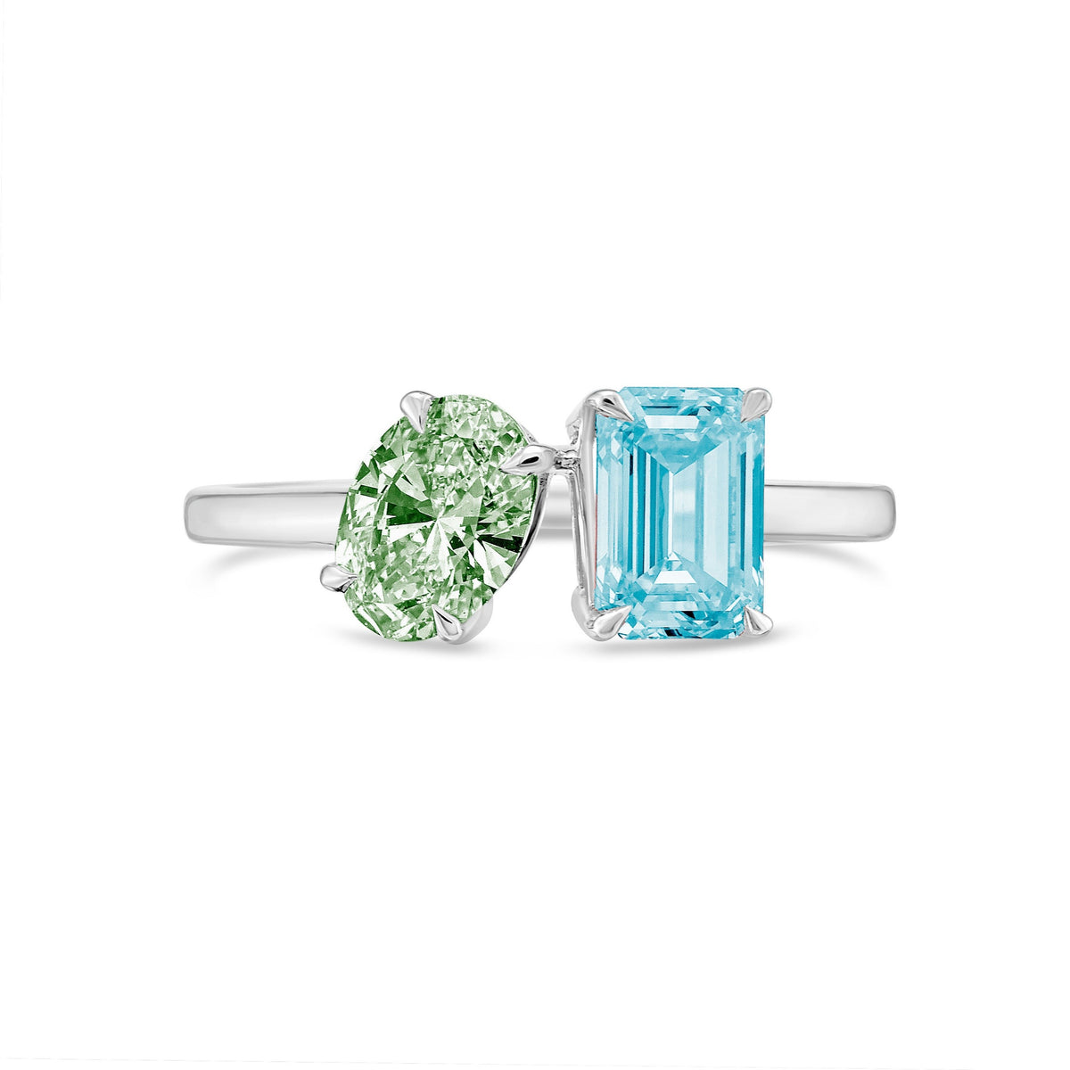 Lab-Grown Toi et Moi Ring with Green Oval and Blue Emerald Diamonds in 14K White Gold