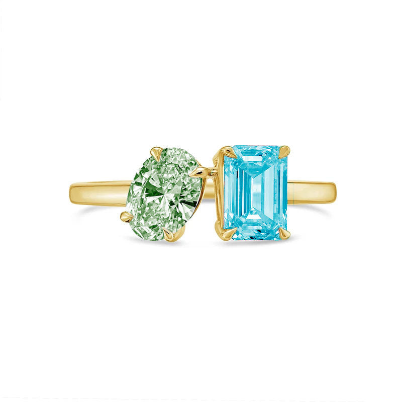 Lab-Grown Toi et Moi Ring with Green Oval and Blue Emerald Diamonds in 14K Yellow Gold
