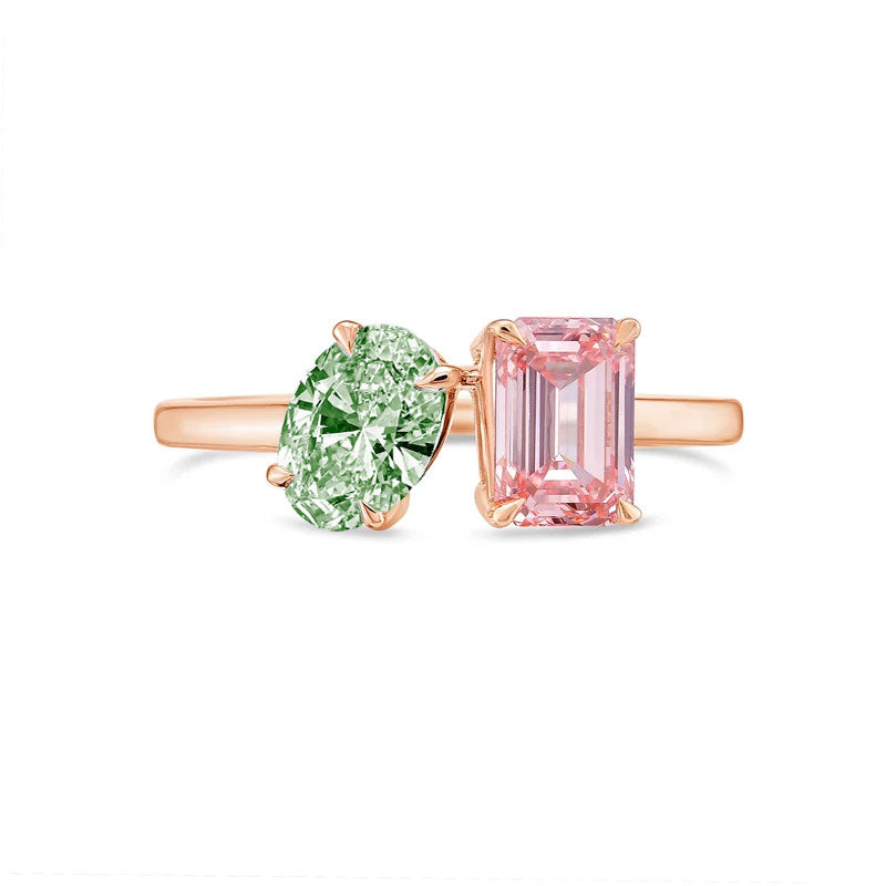 Lab-Grown Toi et Moi Ring with Green Oval and Pink Emerald Diamonds in 14K Rose Gold