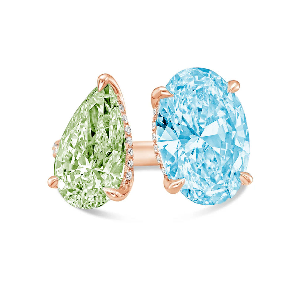 Lab-Grown Toi et Moi Ring with Green Pear and Blue Oval Diamonds in 14K Rose Gold