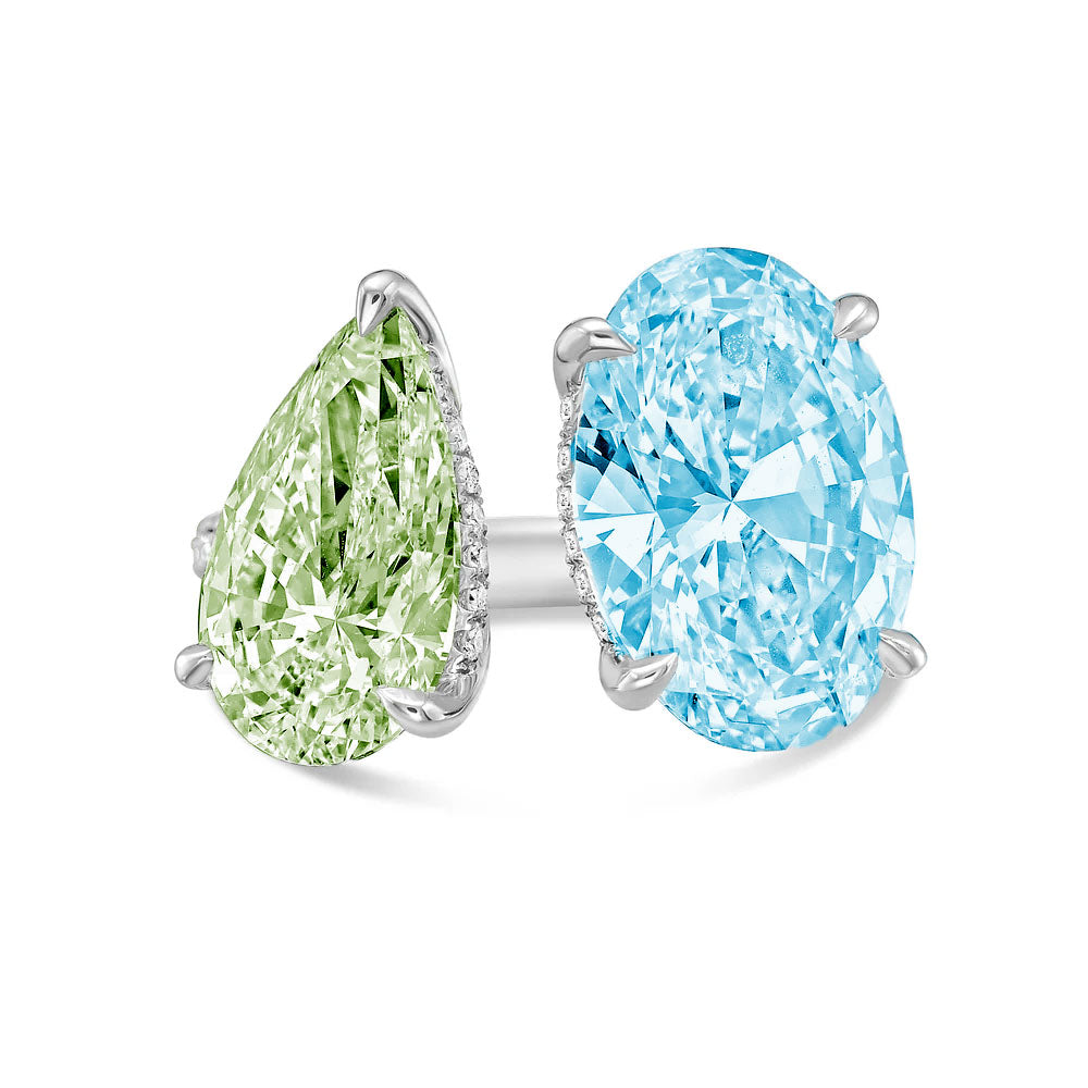 Lab-Grown Toi et Moi Ring with Green Pear and Blue Oval Diamonds in 14K White Gold