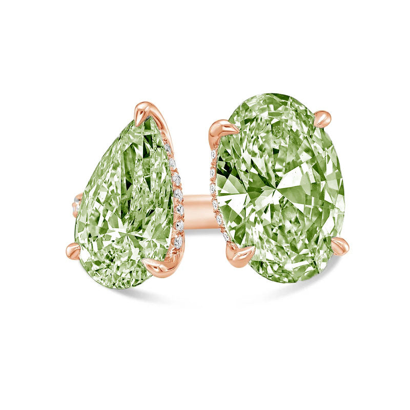 Lab-Grown Toi et Moi Ring with Green Pear and Green Oval Diamonds in 14K Rose Gold