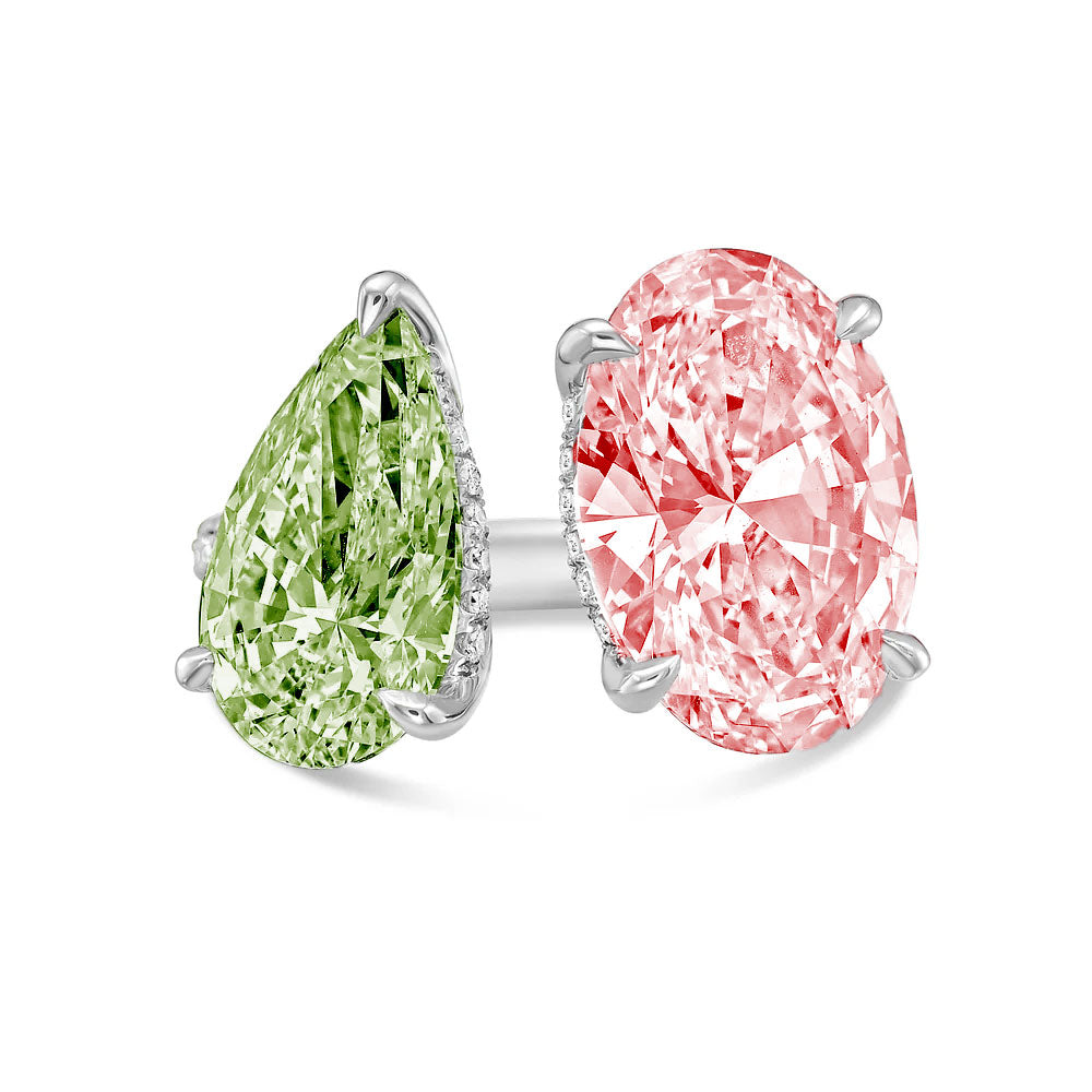 Lab-Grown Toi et Moi Ring with Green Pear and Pink Oval Diamonds in 14K White Gold