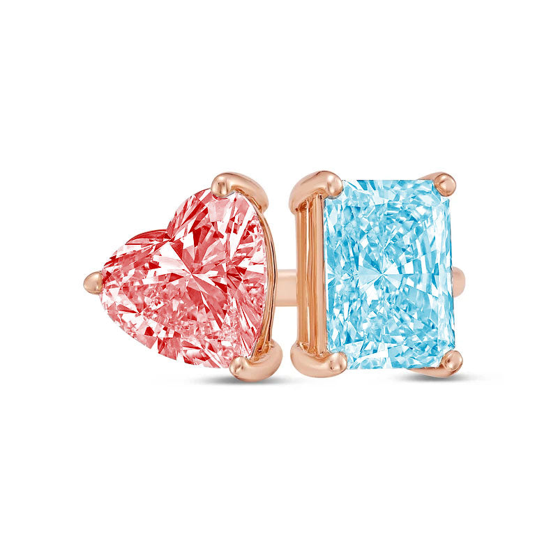 Lab-Grown Toi et Moi Ring with Pink Heart and Blue Radiant Diamonds in 14K Rose Gold