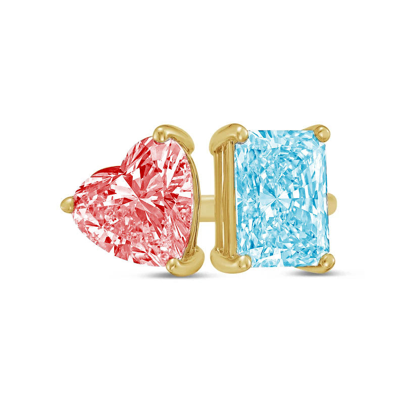 Lab-Grown Toi et Moi Ring with Pink Heart and Blue Radiant Diamonds in 14K Yellow Gold