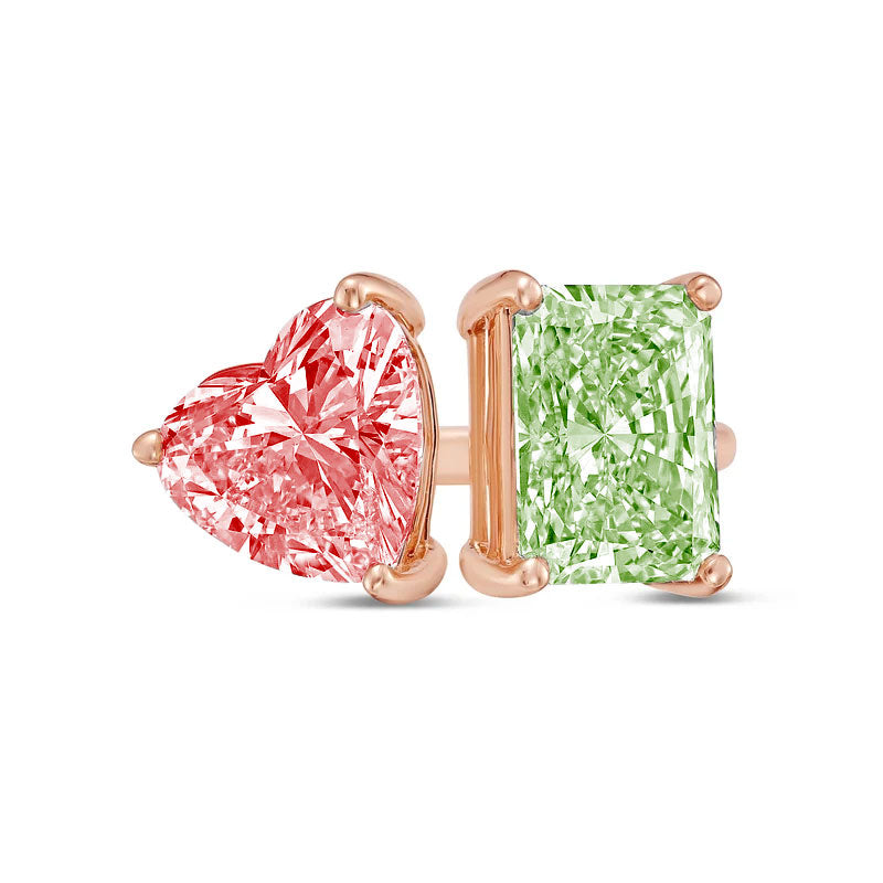Lab-Grown Toi et Moi Ring with Pink Heart and Green Radiant Diamonds in 14K Rose Gold
