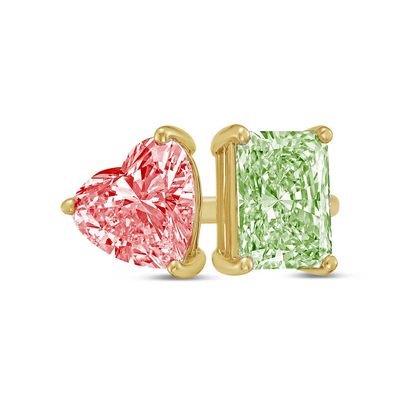Lab-Grown Toi et Moi Ring with Pink Heart and Green Radiant Diamonds in 14K Yellow Gold