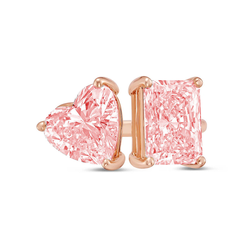 Lab-Grown Toi et Moi Ring with Pink Heart and Pink Radiant Diamonds in 14K Rose Gold