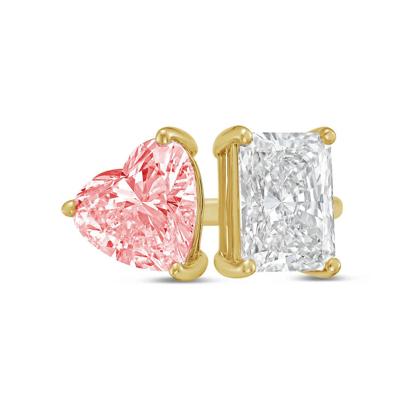 Lab-Grown Toi et Moi Ring with Pink Heart and White Radiant Diamonds in 14K Yellow Gold