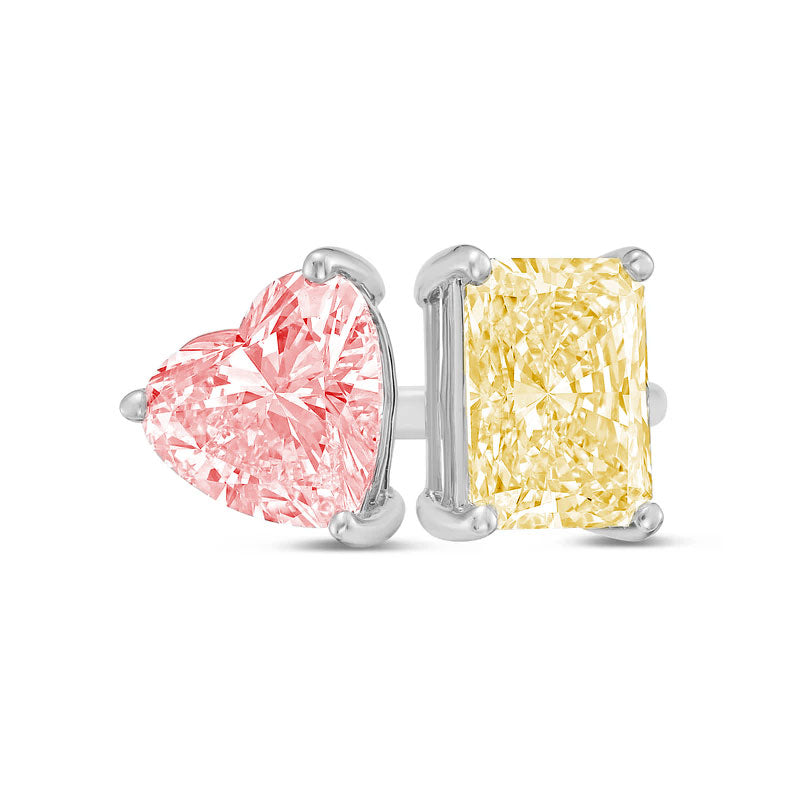 Lab-Grown Toi et Moi Ring with Pink Heart and Yellow Radiant Diamonds in 14K White Gold