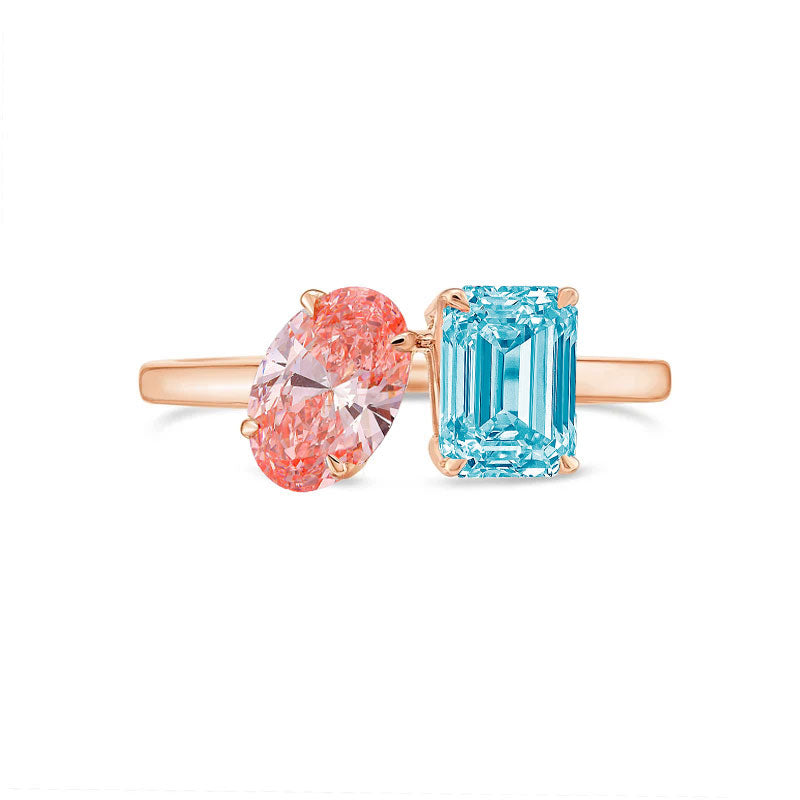 Lab-Grown Toi et Moi Ring with Pink Oval and Blue Emerald Diamonds in 14K Rose Gold