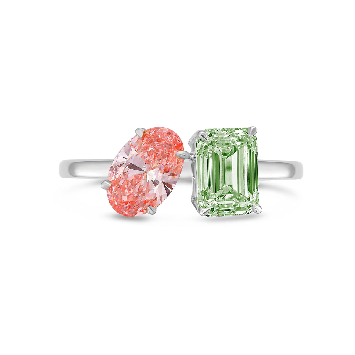 Lab-Grown Toi et Moi Ring with Pink Oval and Green Emerald Diamonds in 14K White Gold