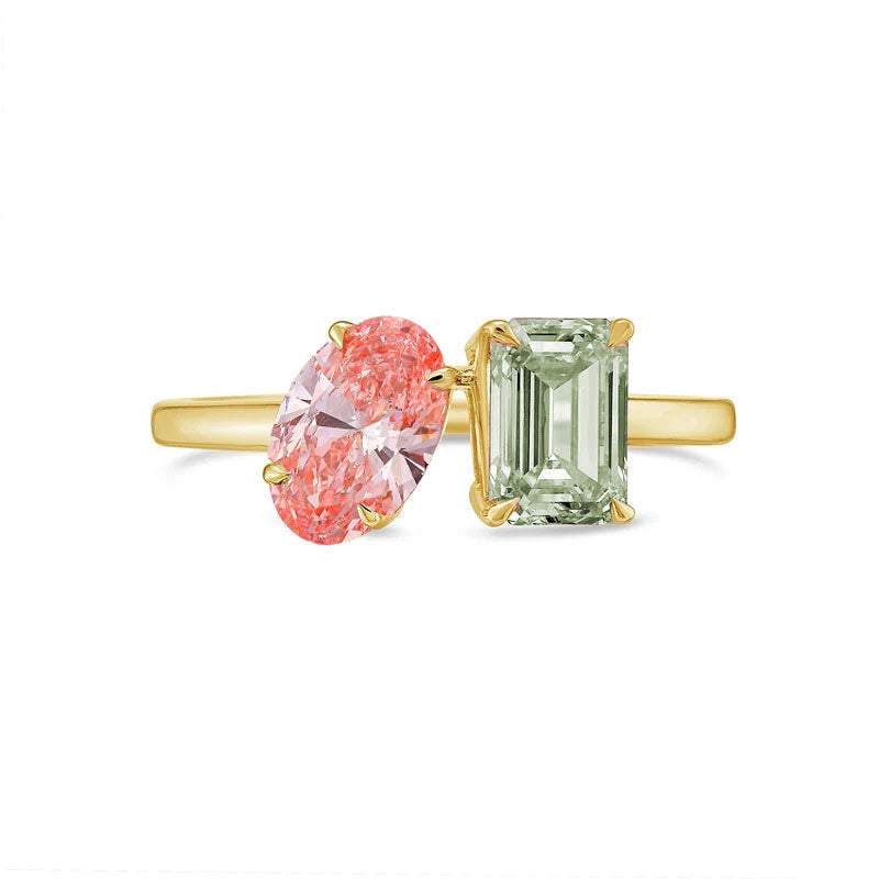 Lab-Grown Toi et Moi Ring with Pink Oval and Green Emerald Diamonds in 14K Yellow Gold