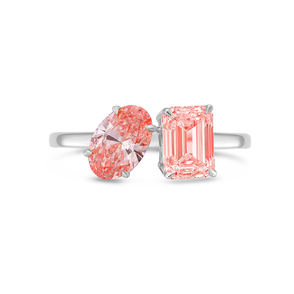 Lab-Grown Toi et Moi Ring with Pink Oval and Pink Emerald Diamonds in 14K White Gold