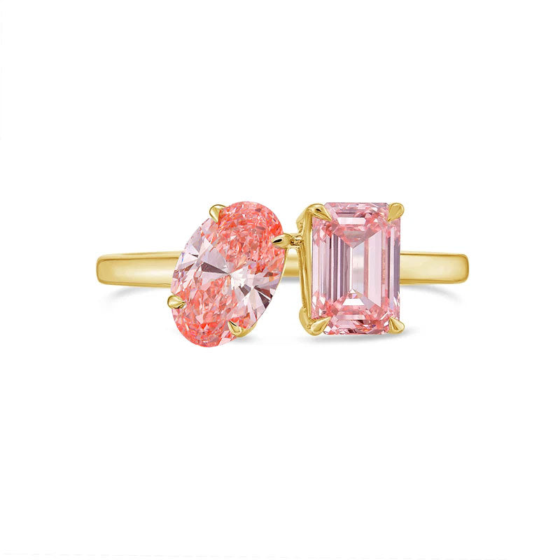 Lab-Grown Toi et Moi Ring with Pink Oval and Pink Emerald Diamonds in 14K Yellow Gold