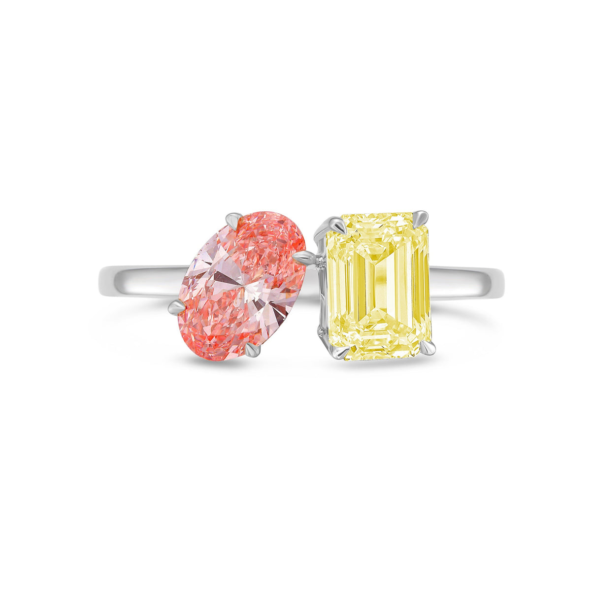 Lab-Grown Toi et Moi Ring with Pink Oval and Yellow Emerald Diamonds in 14K White Gold