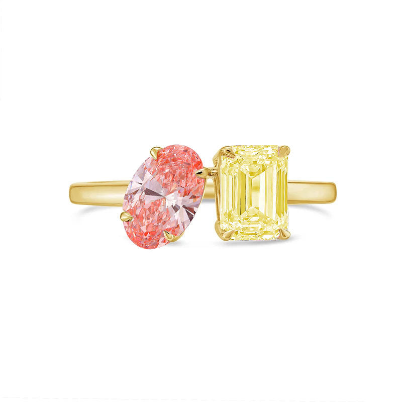 Lab-Grown Toi et Moi Ring with Pink Oval and Yellow Emerald Diamonds in 14K Yellow Gold