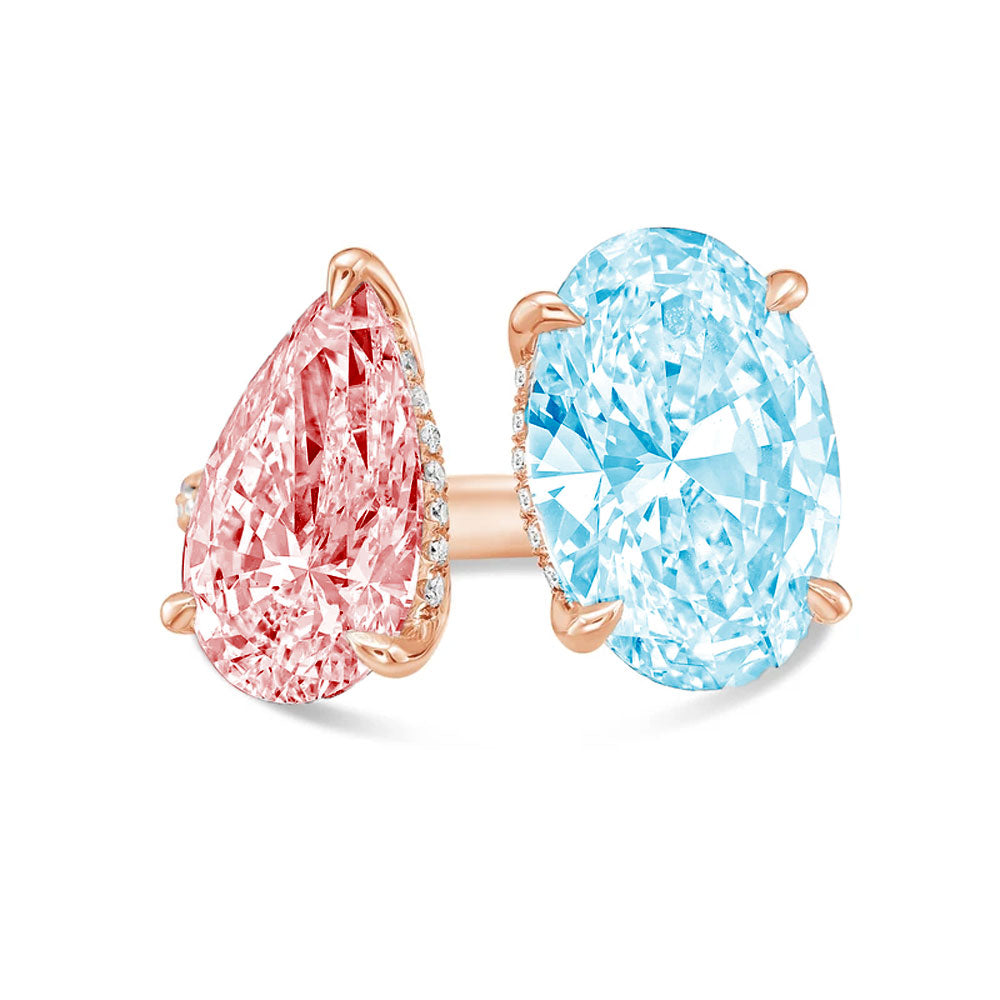 Lab-Grown Toi et Moi Ring with Pink Pear and Blue Oval Diamonds in 14K Rose Gold