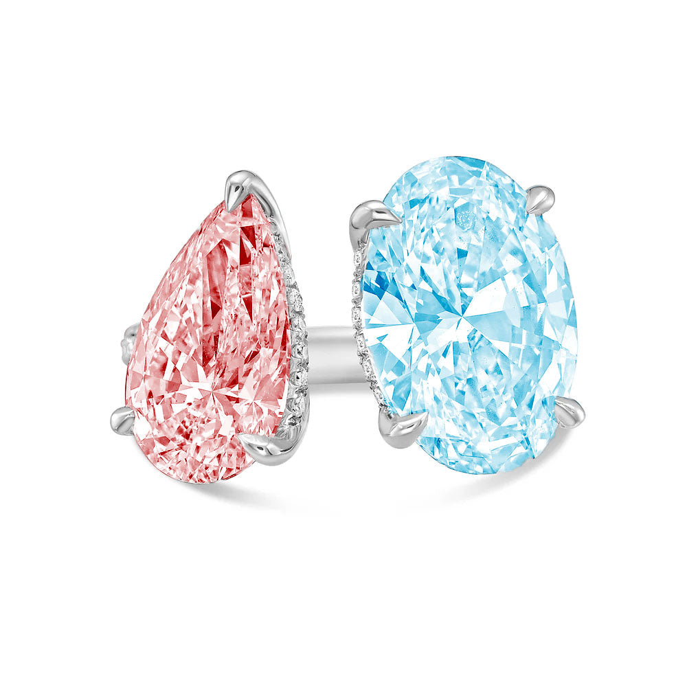 Lab-Grown Toi et Moi Ring with Pink Pear and Blue Oval Diamonds in 14K White Gold