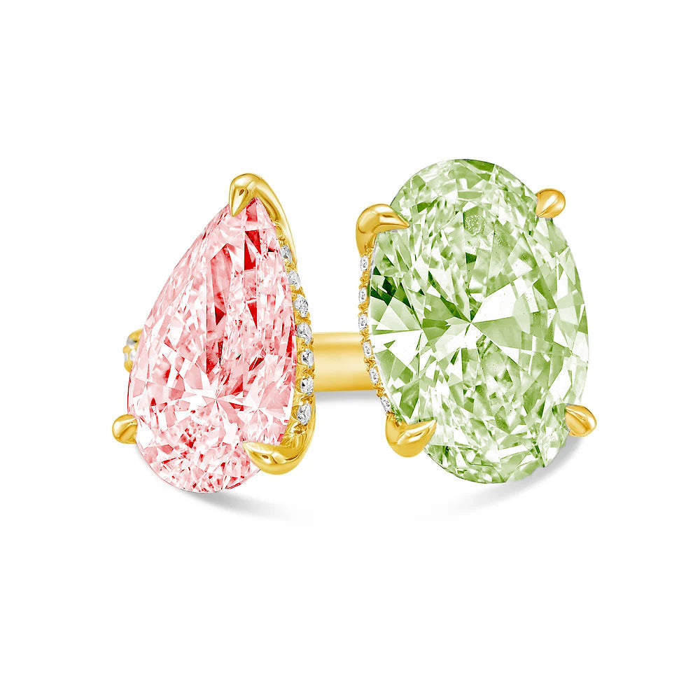 Lab-Grown Toi et Moi Ring with Pink Pear and Green Oval Diamonds in 14K Yellow Gold