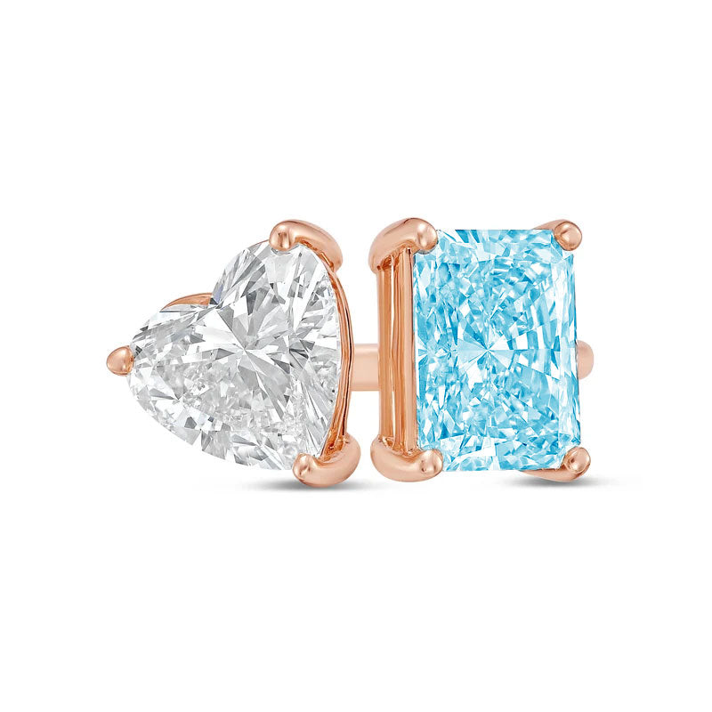 Lab-Grown Toi et Moi Ring with White Heart and Blue Radiant Diamonds in 14K Rose Gold