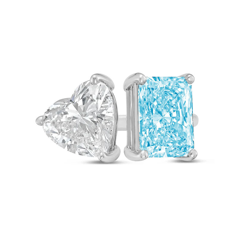 Lab-Grown Toi et Moi Ring with White Heart and Blue Radiant Diamonds in 14K White Gold