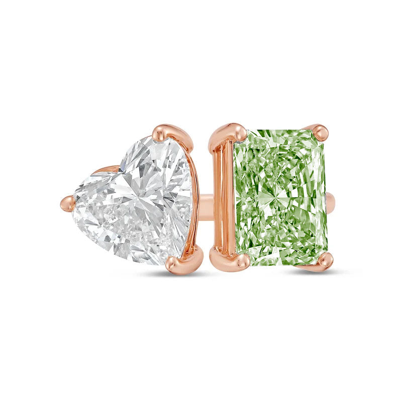 Lab-Grown Toi et Moi Ring with White Heart and Green Radiant Diamonds in 14K Rose Gold