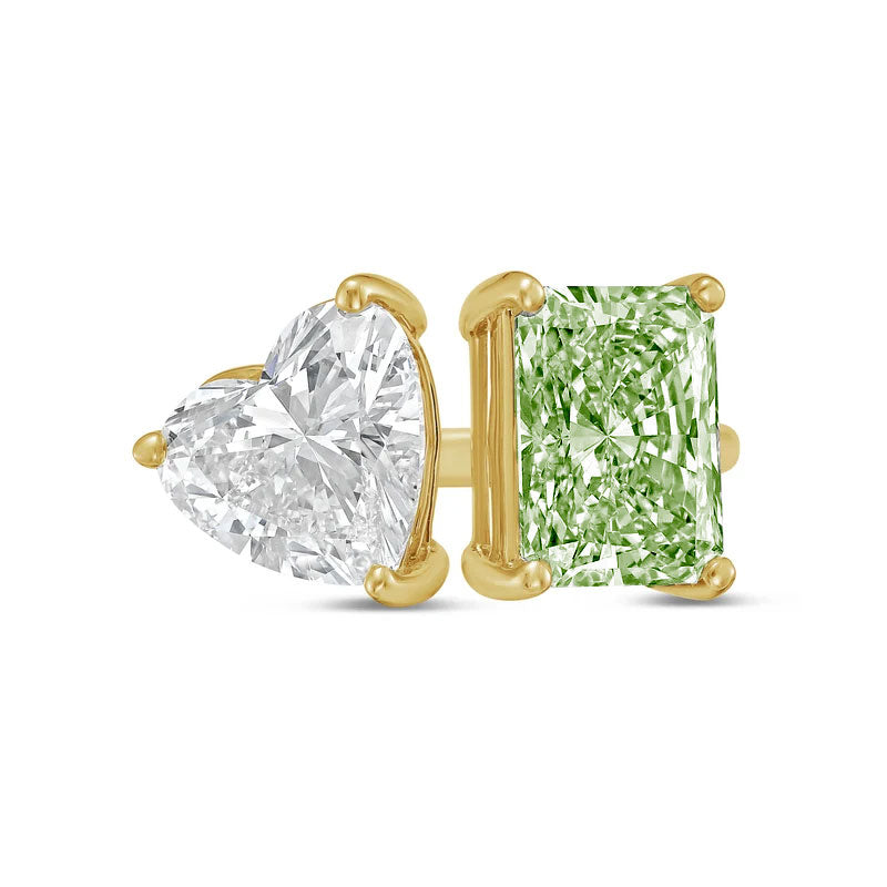 Lab-Grown Toi et Moi Ring with White Heart and Green Radiant Diamonds in 14K Yellow Gold