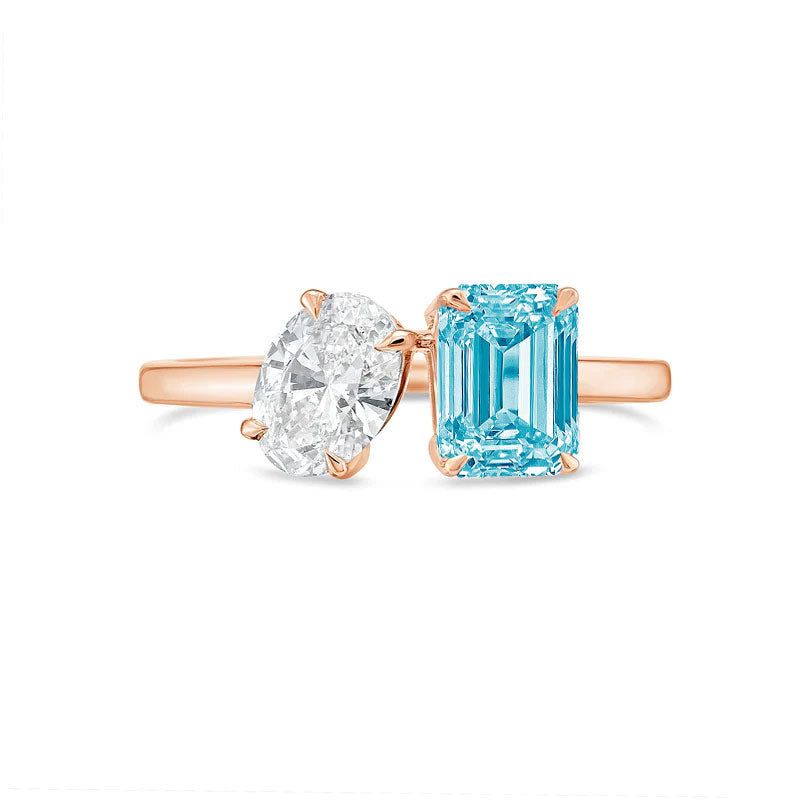 Lab-Grown Toi et Moi Ring with White Oval and Blue Emerald Diamonds in 14K Rose Gold