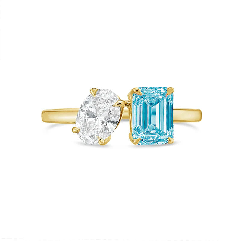 Lab-Grown Toi et Moi Ring with White Oval and Blue Emerald Diamonds in 14K Yellow Gold