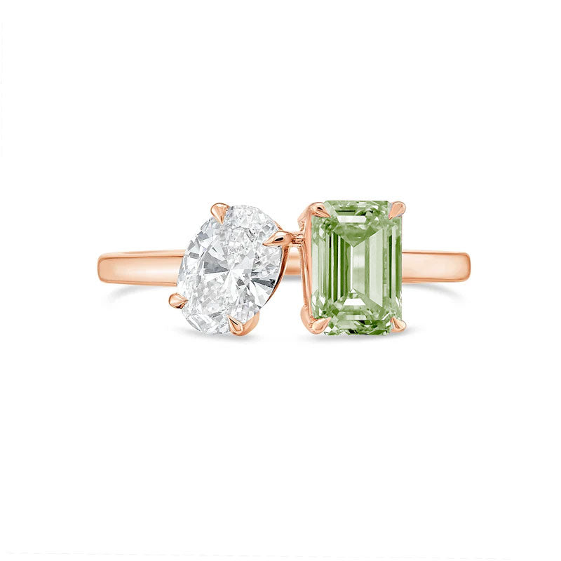 Lab-Grown Toi et Moi Ring with White Oval and Green Emerald Diamonds in 14K Rose Gold