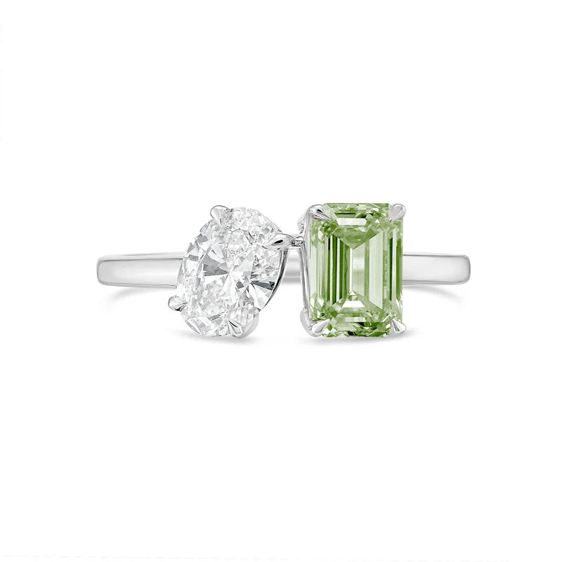 Lab-Grown Toi et Moi Ring with White Oval and Green Emerald Diamonds in 14K White Gold
