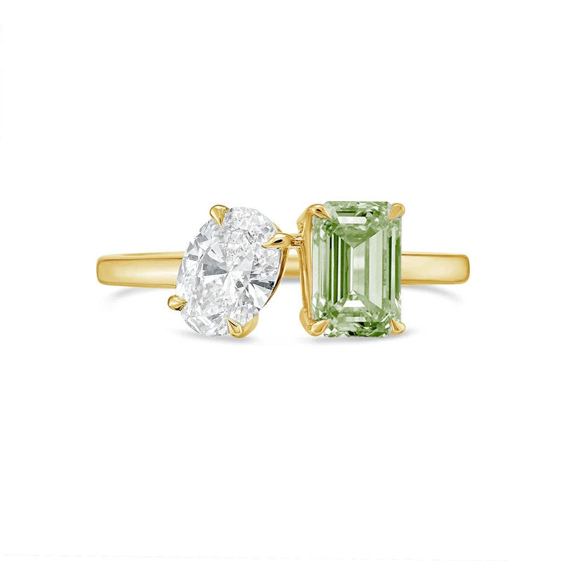 Lab-Grown Toi et Moi Ring with White Oval and Green Emerald Diamonds in 14K Yellow Gold
