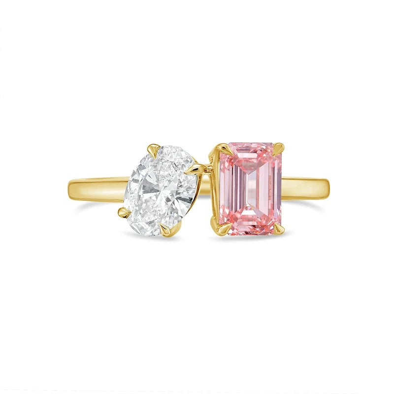 Lab-Grown Toi et Moi Ring with White Oval and Pink Emerald Diamonds in 14K Yellow Gold