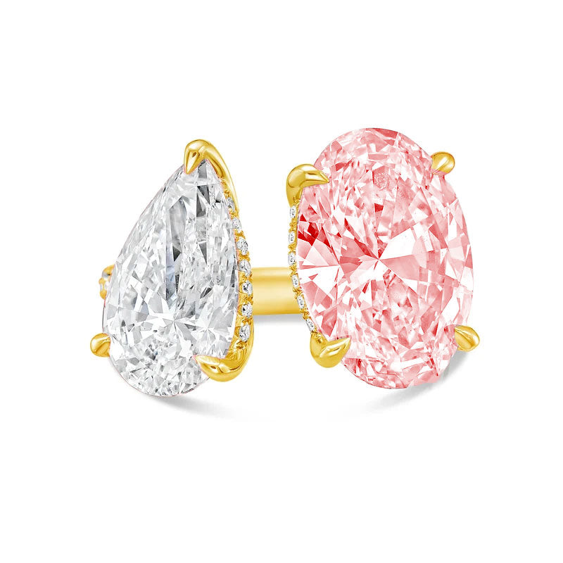 Lab-Grown Toi et Moi Ring with White Pear and Pink Oval Diamonds in 14K Yellow Gold