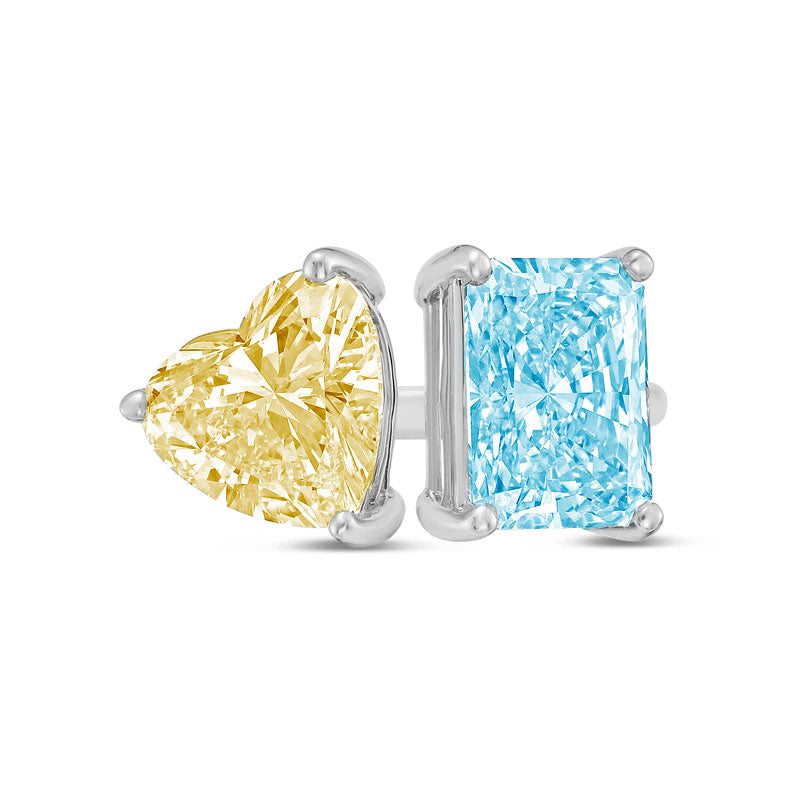 Lab-Grown Toi et Moi Ring with Yellow Heart and Blue Radiant Diamonds in 14K White Gold