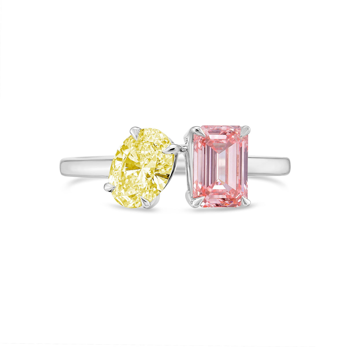 Lab-Grown Toi et Moi Ring with Yellow Oval and Pink Emerald Diamonds in 14K White Gold