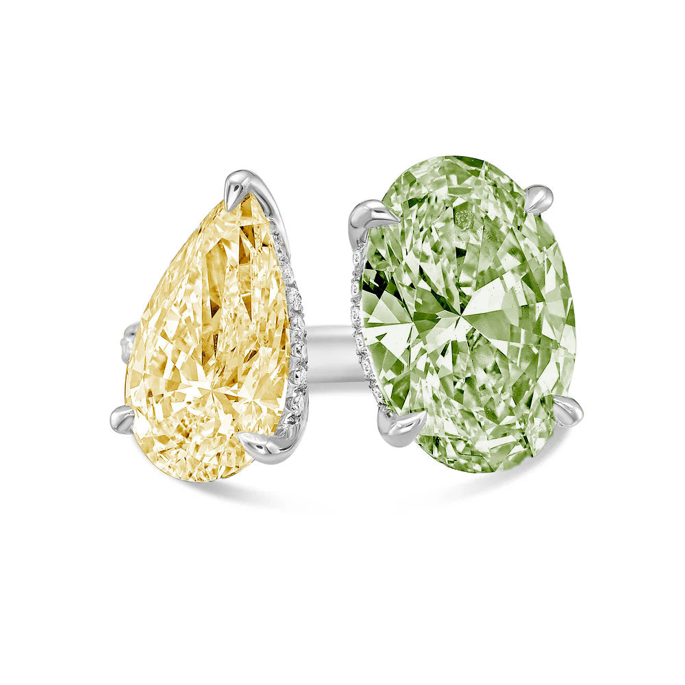Lab-Grown Toi et Moi Ring with Yellow Pear and Green Oval Diamonds in 14K White Gold
