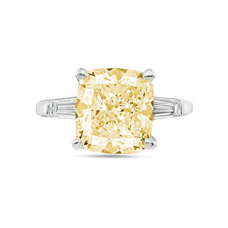 Lab-Grown Yellow Cushion Diamond Ring with Baguettes in 14K White Gold