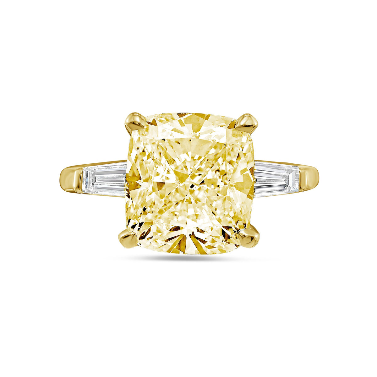 Lab-Grown Yellow Cushion Diamond Ring with Baguettes in 14K Yellow Gold