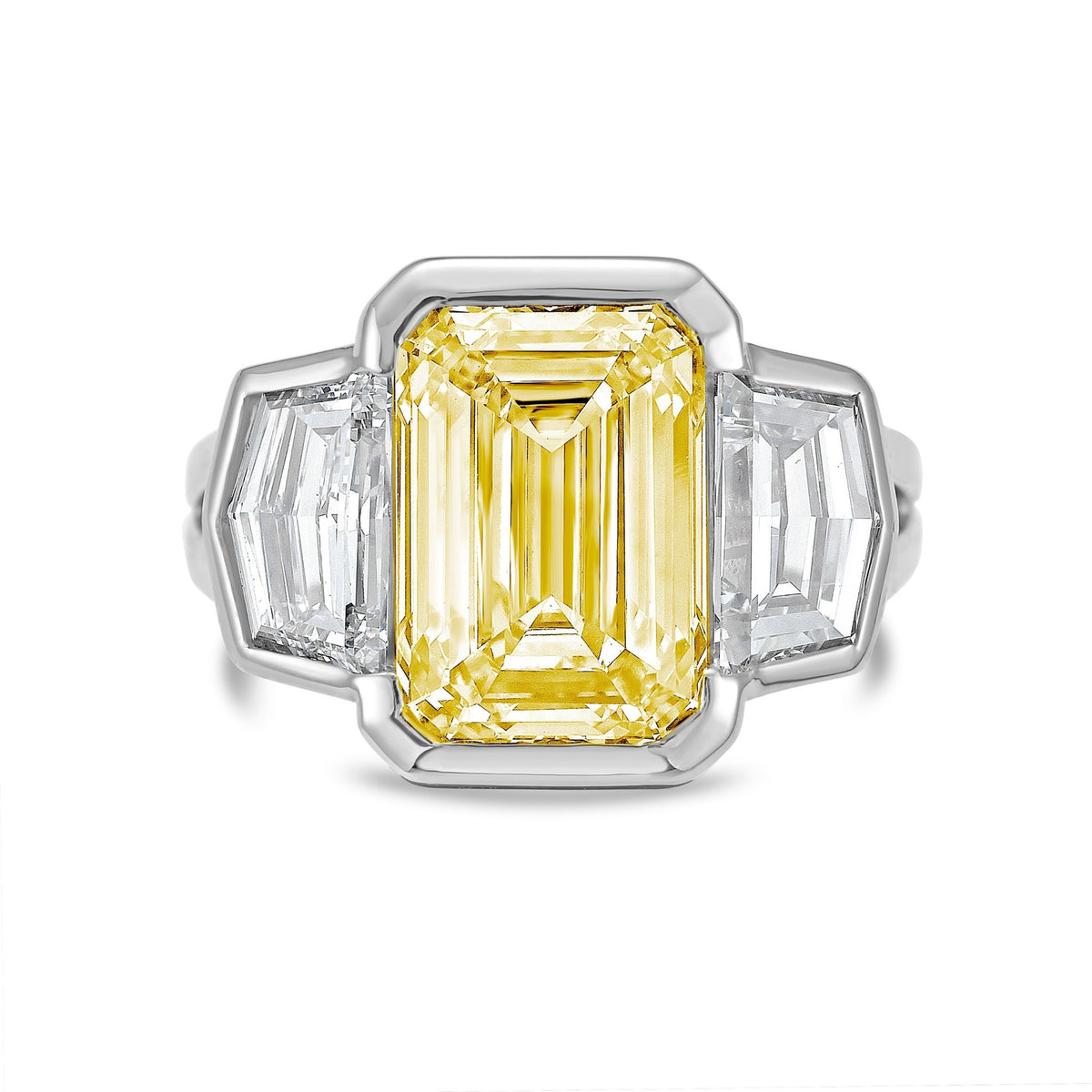 Lab-Grown Yellow Emerald Cut Bezel Ring with Cadillac Sides and Split Shank in 14K White Gold