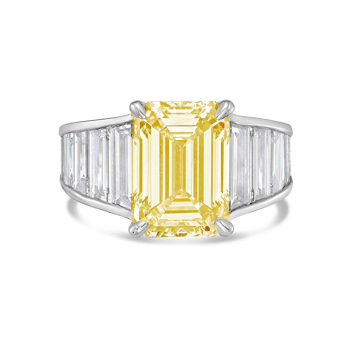 Lab-Grown Yellow Emerald Cut Diamond Ring with Baguette Side Stones in 14K White Gold