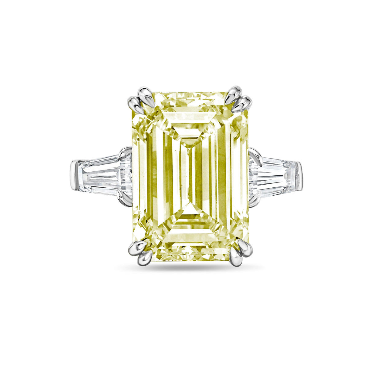Lab-Grown Yellow Emerald Cut Diamond Ring with Baguettes, Double Claw in 14K White Gold
