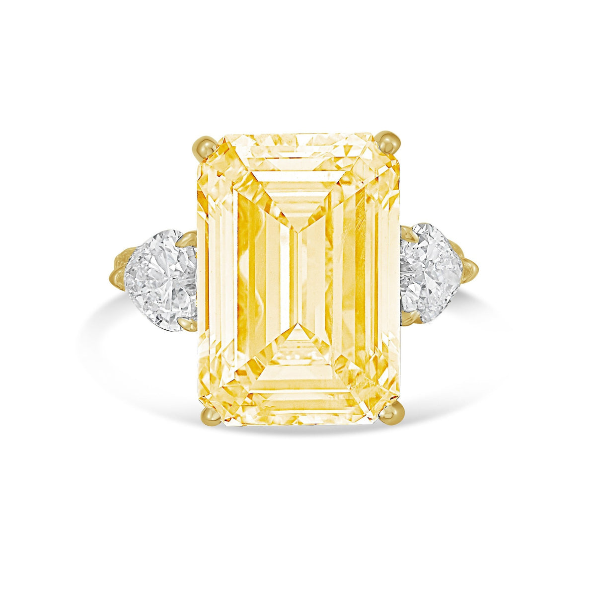 Lab-Grown Yellow Emerald Cut Diamond Ring with Heart Sides and Pavé Band in 14K Yellow Gold
