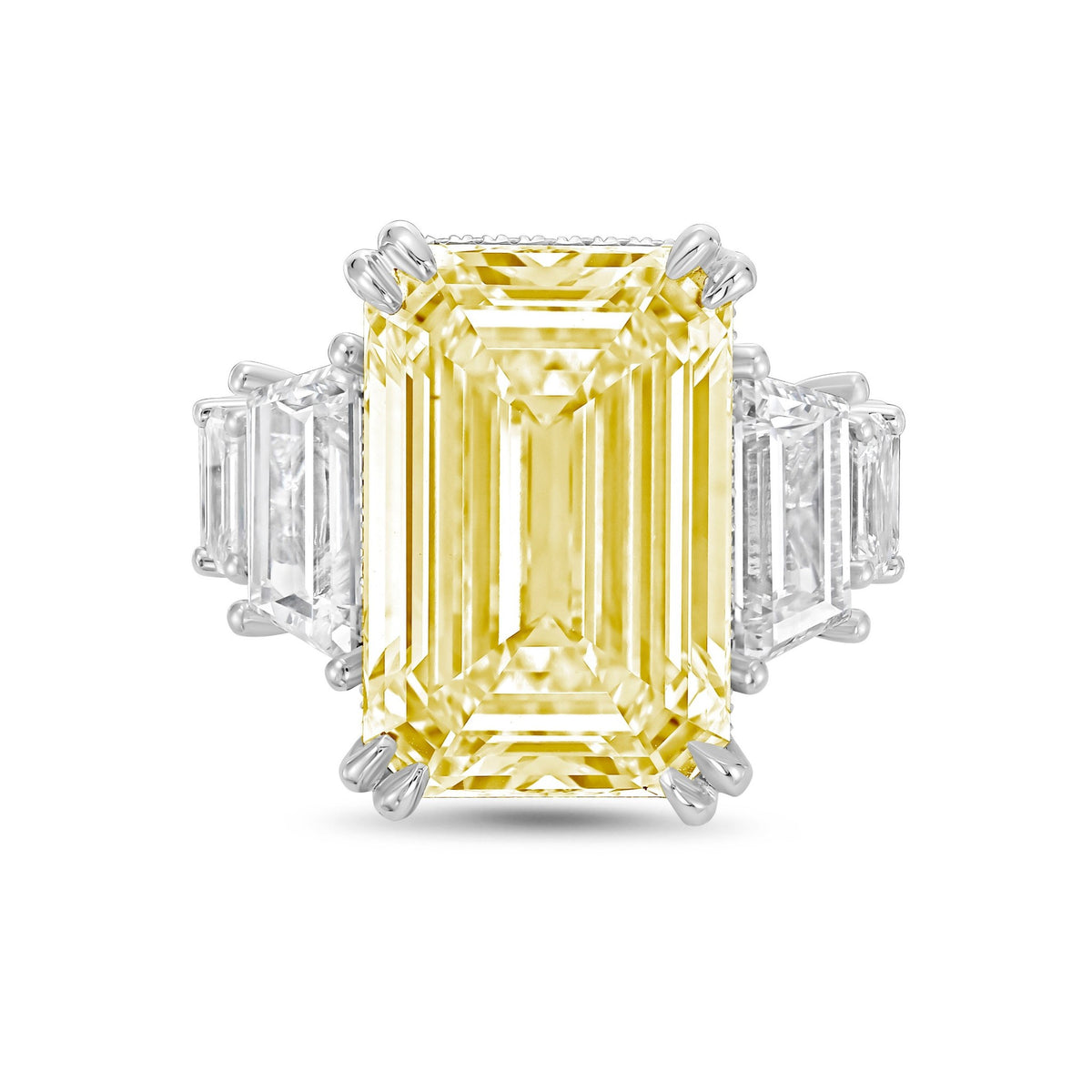 Lab-Grown Yellow Emerald Cut Hidden Halo Ring with Trapezoid and Emerald Sides in 14K White Gold