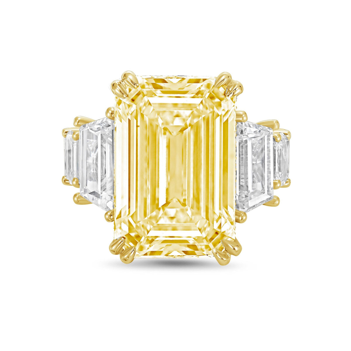 Lab-Grown Yellow Emerald Cut Hidden Halo Ring with Trapezoid and Emerald Sides in 14K Yellow Gold