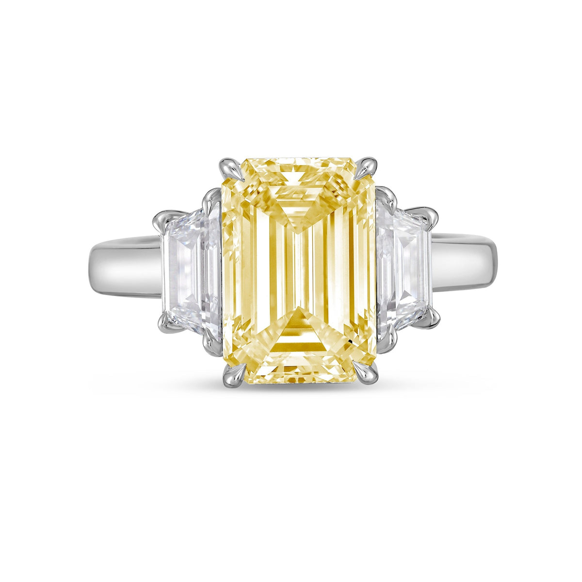 Lab-Grown Yellow Emerald Cut Three-Stone Ring with Trapezoids in 14K White Gold
